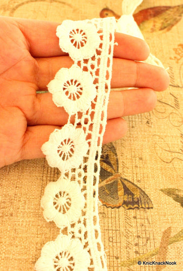 Off White Embroidered Flower Lace Trim Ribbon Approx 32mm wide